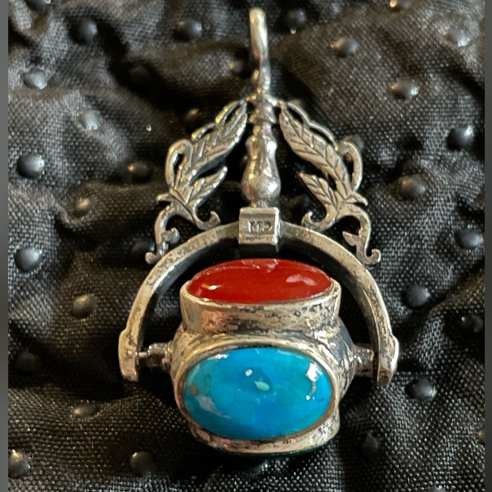 VTG 1980s Sterling Fob Cabochon Set Turquoise, Carnelian, Jade & Tigers Eye VGUC